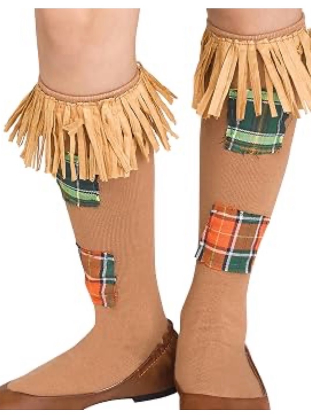 Fringe Top Tan Knee-High Socks with Plaid Patches